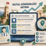 Yerel doktor rehberlerini, doktor profillerini ve dijital görünürlük artışını gösteren Antalya temalı paper-art illüstrasyonu.