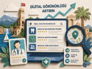 Yerel doktor rehberlerini, doktor profillerini ve dijital görünürlük artışını gösteren Antalya temalı paper-art illüstrasyonu.