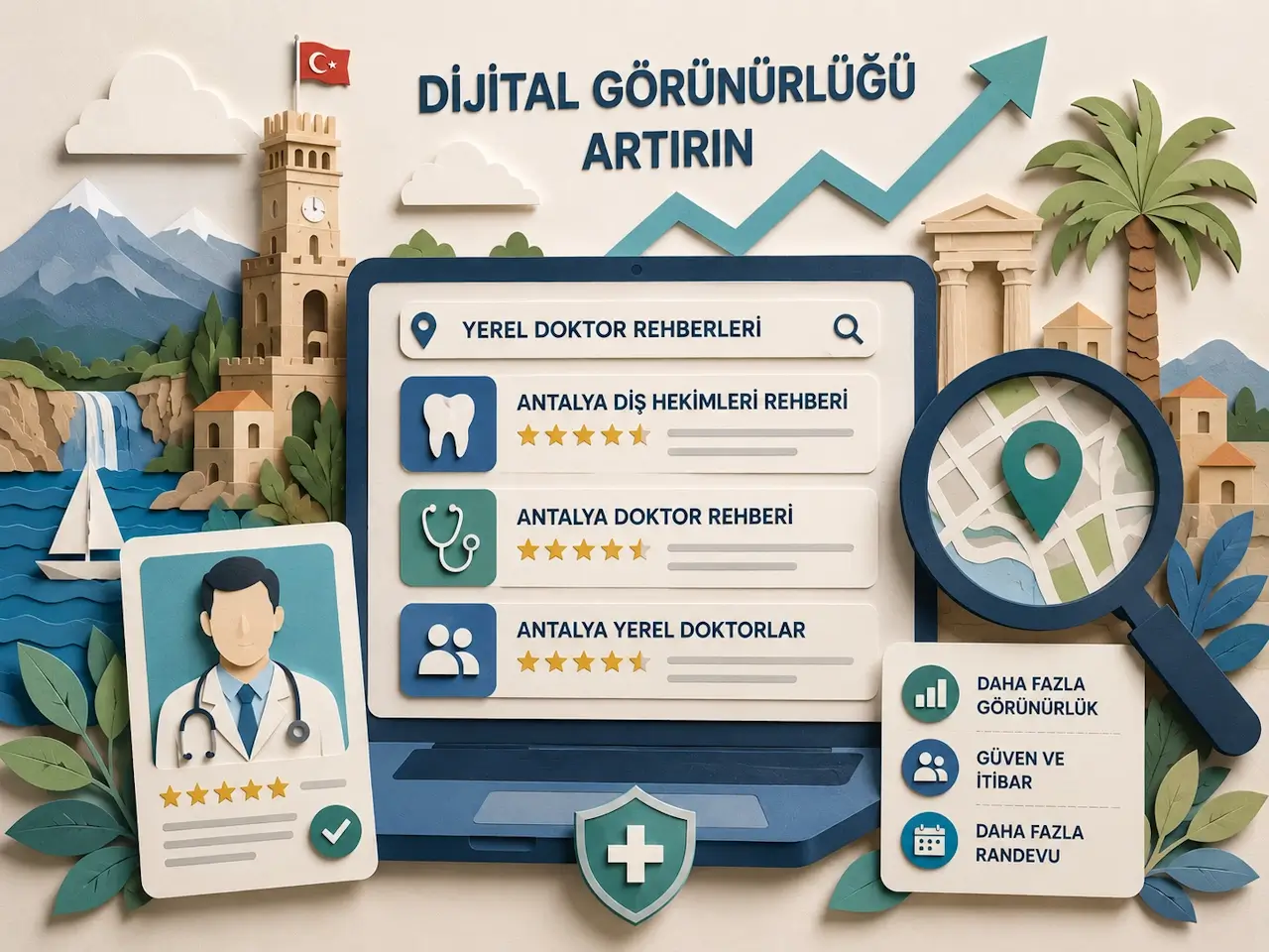 Yerel doktor rehberlerini, doktor profillerini ve dijital görünürlük artışını gösteren Antalya temalı paper-art illüstrasyonu.