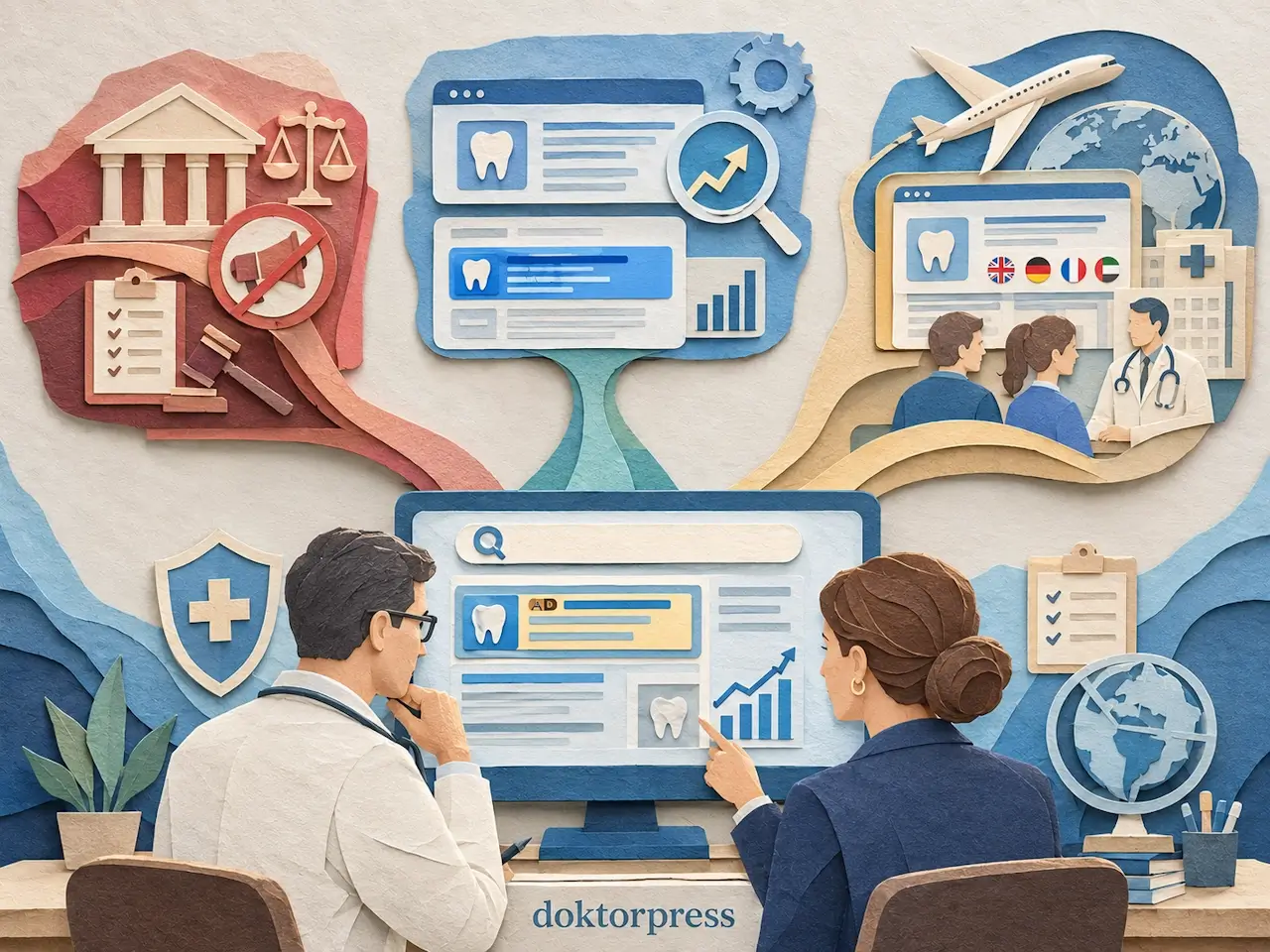 Doktor ve klinikler için Google Ads sağlık reklamı kurallarını, SEO ve uluslararası sağlık turizmi reklamlarını gösteren paper art.