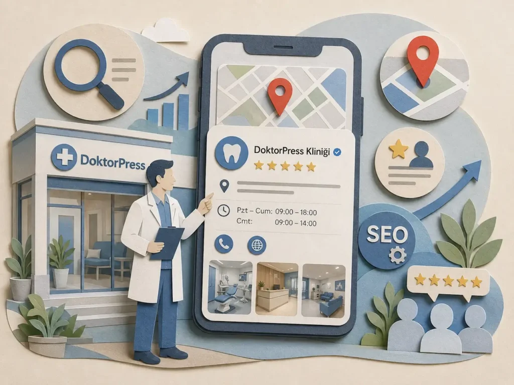 Doktor ve klinikler için Google İşletme Profili optimizasyonunu anlatan paper-art illüstrasyonu