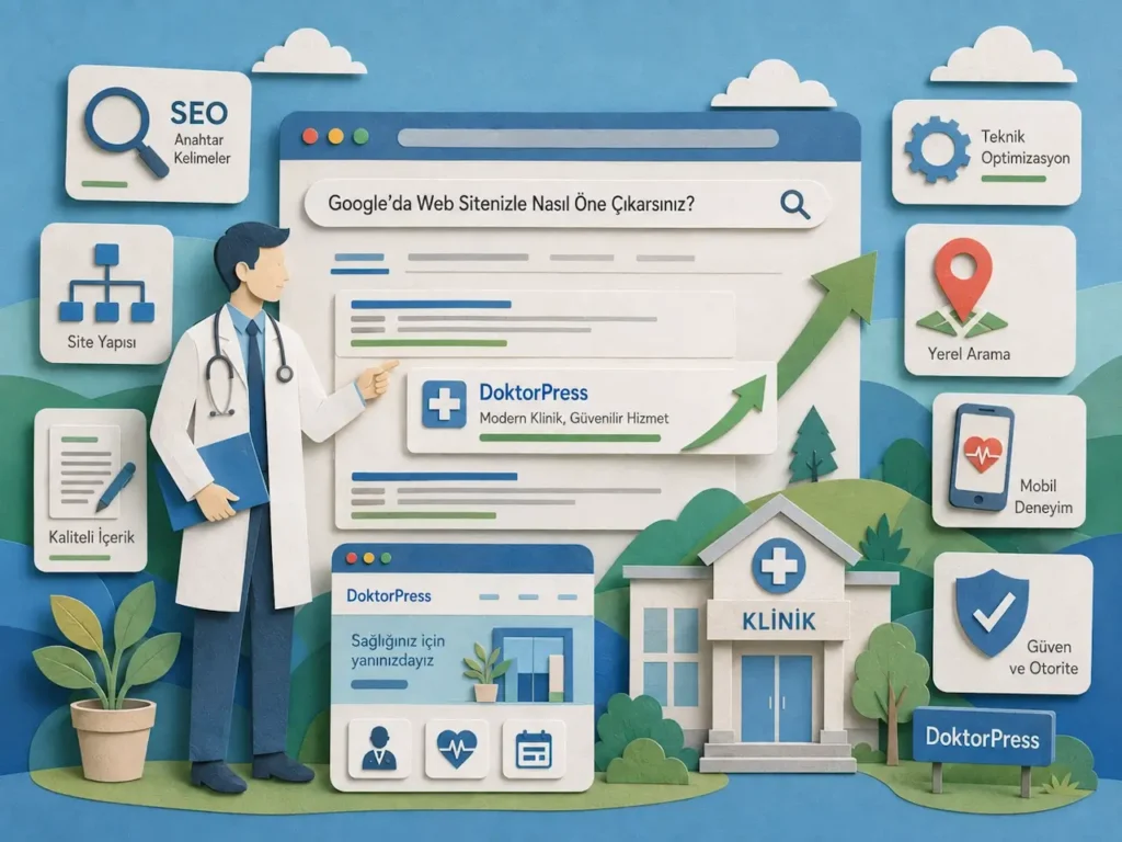 Doktor ve klinik web sitelerinin Google’da görünürlüğünü artıran SEO stratejilerini anlatan paper-art illüstrasyon