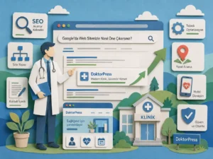 Doktor ve klinik web sitelerinin Google’da görünürlüğünü artıran SEO stratejilerini anlatan paper-art illüstrasyon