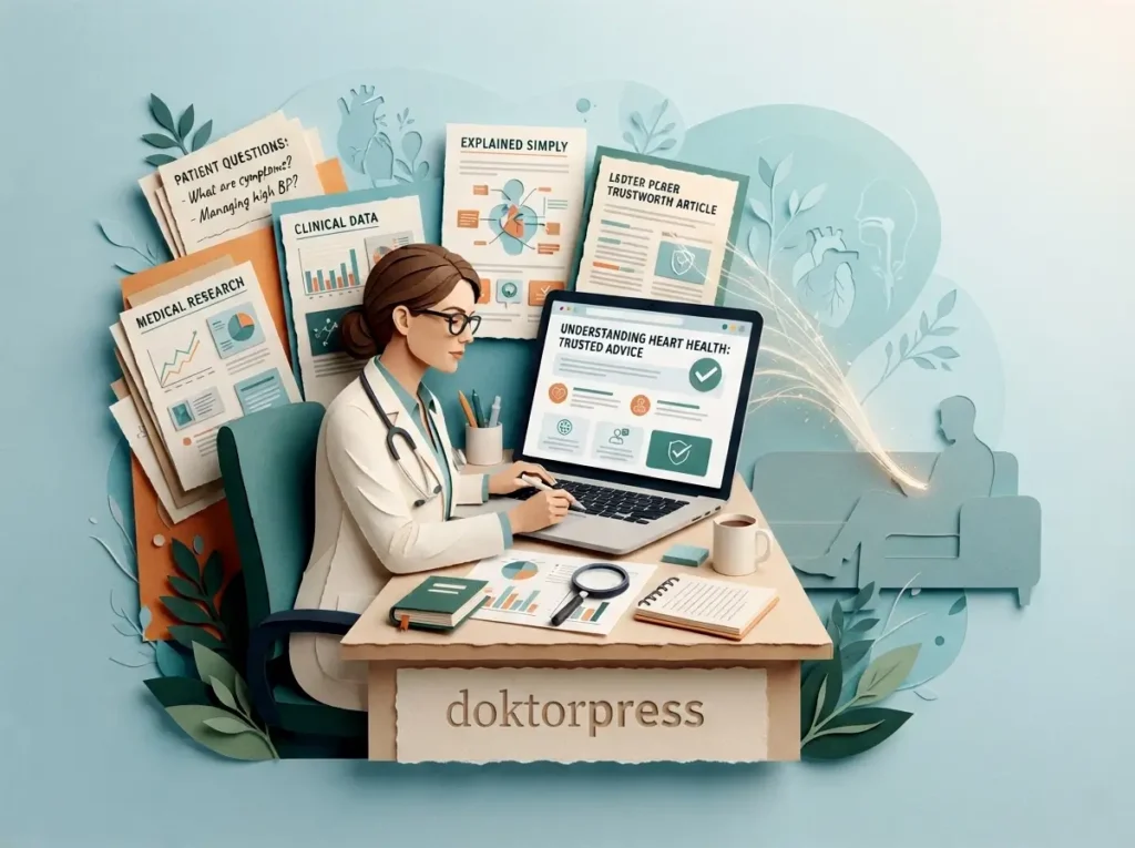 Hastalara güven veren doktor blog yazılarını anlatan paper-art illüstrasyon