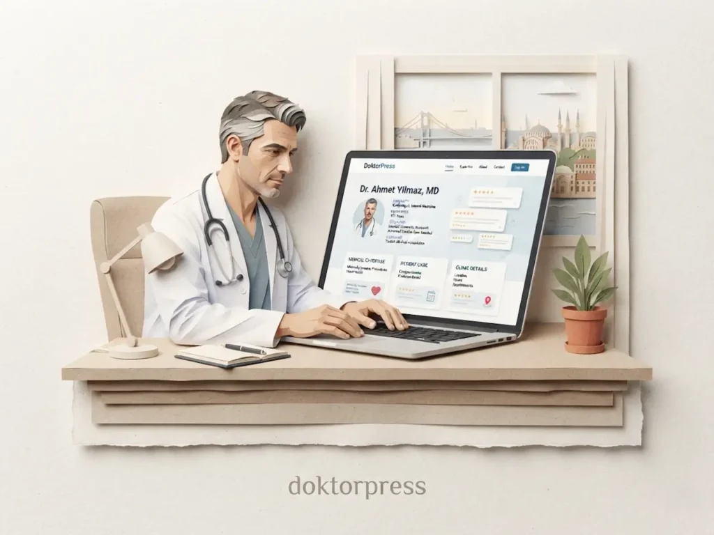 Klinik web tasarımında hasta yorumları yerine güven ve uzmanlık odaklı web sitesi tasarımını gösteren paper art illüstrasyon