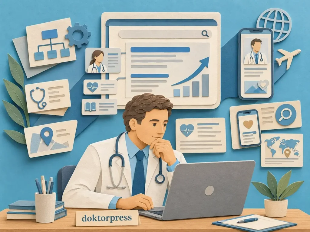 Doktor ve klinikler için sağlık SEO hizmetini anlatan kağıt sanat tarzında dijital pazarlama illüstrasyonu