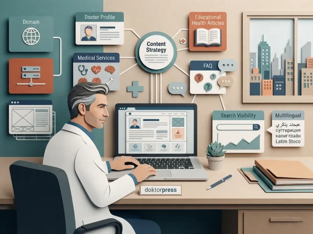 Doktor ve klinikler için sağlık web içerik hizmetini anlatan paper-art illüstrasyonu