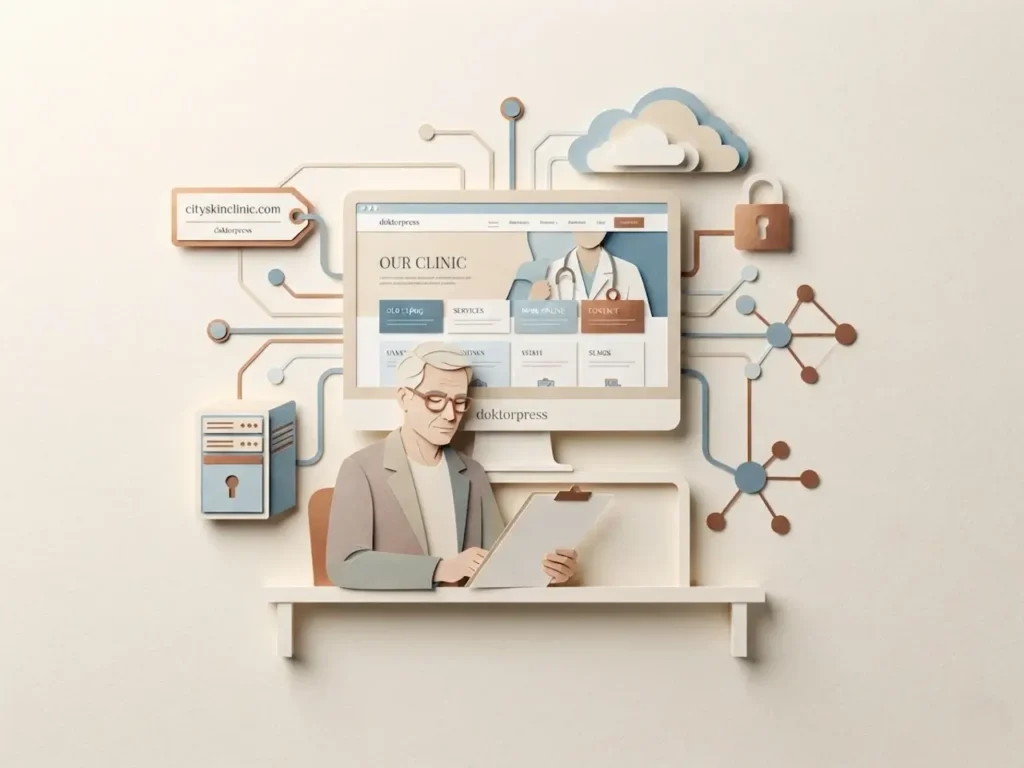 Doktor ve klinikler için sunucu, hosting ve alan adı yönetimini gösteren paper-art illüstrasyon