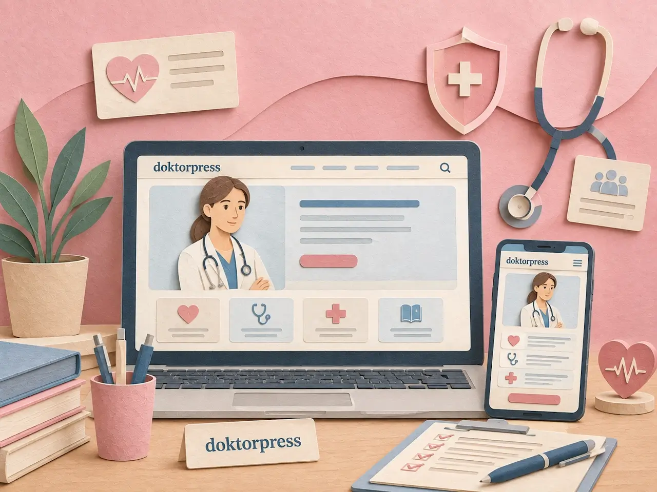 Doktor web sitesi tasarımı ve hasta odaklı dijital iletişimi gösteren paper-art illüstrasyon