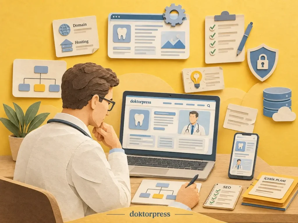 Doktor web sitesi yaptırmadan önce tasarım ve teknik gereksinimleri inceleyen klinik sahibi