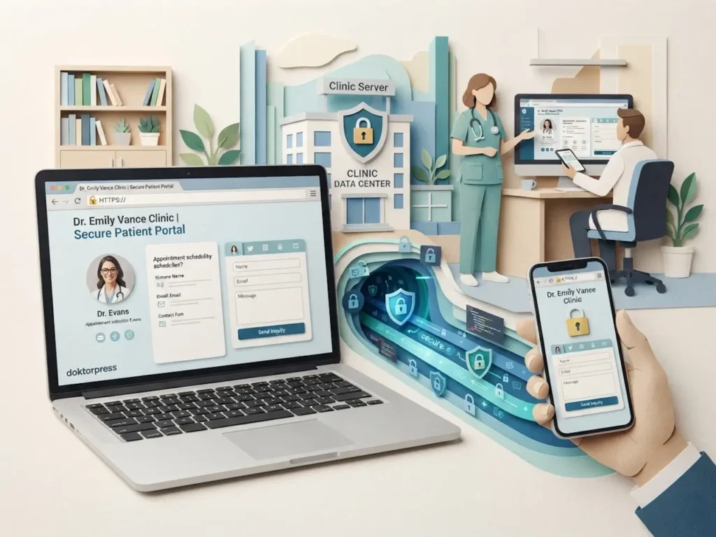 Doktor web sitesinde HTTPS bağlantısının veri güvenliğini gösteren paper-art illüstrasyon.