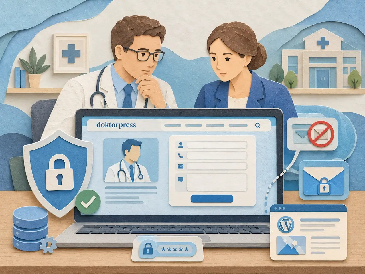 Doktor web sitesindeki iletişim formunda veri ve spam güvenliğini gösteren paper-art illüstrasyon.