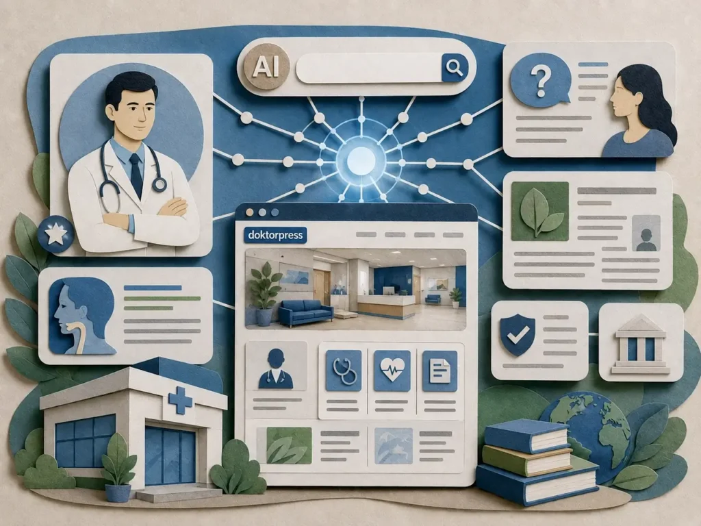Doktor ve kliniklerin AI aramalarında görünürlüğünü destekleyen içerik ve dijital yapı illüstrasyonu