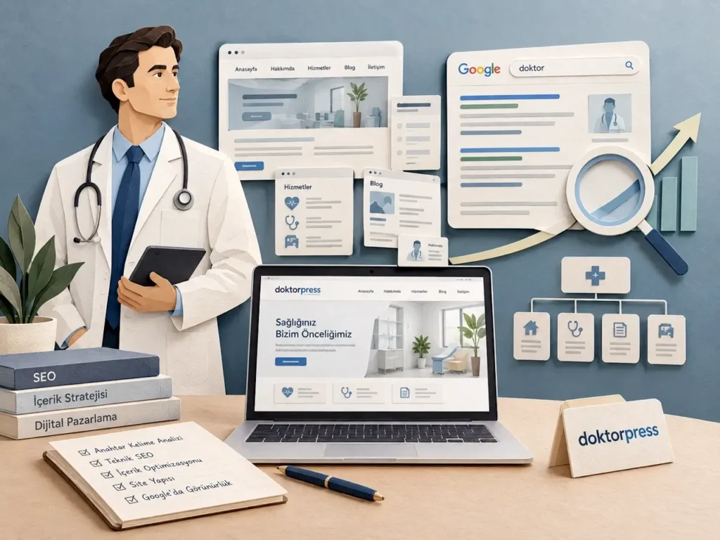 Doktor web sitesinin SEO ile Google aramalarında görünürlüğünü anlatan paper-art illüstrasyon.
