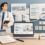Doktor web sitesinin SEO ile Google aramalarında görünürlüğünü anlatan paper-art illüstrasyon.