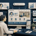 Profesyonel doktor web sitesini inceleyen doktor ve dijital sağlık iletişimi illüstrasyonu.
