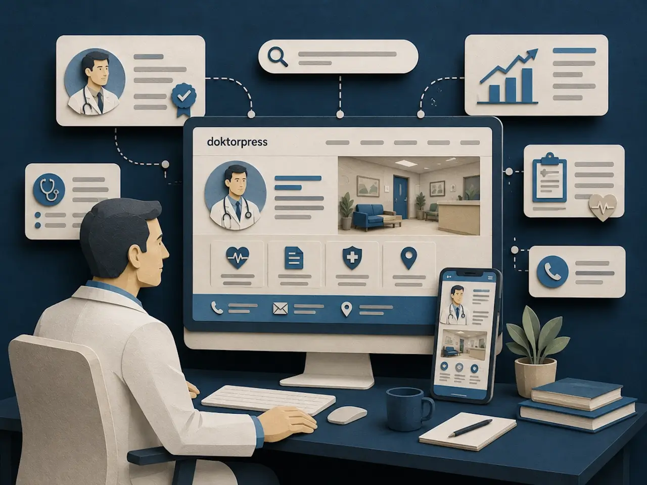 Profesyonel doktor web sitesini inceleyen doktor ve dijital sağlık iletişimi illüstrasyonu.