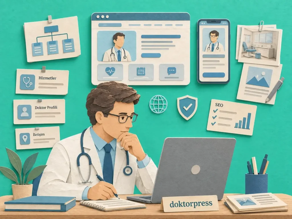 Muayenehane web sitesi planlayan doktor için web tasarım sürecini gösteren paper-art illüstrasyon