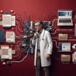 Doktor ve kliniklerin web sitesi ile sosyal medya ajansı arasındaki dijital bağımlılık riskini gösteren paper-art illüstrasyon