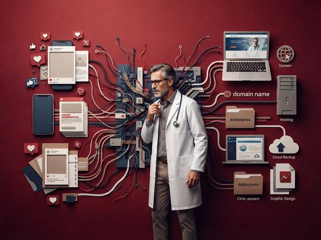 Doktor ve kliniklerin web sitesi ile sosyal medya ajansı arasındaki dijital bağımlılık riskini gösteren paper-art illüstrasyon