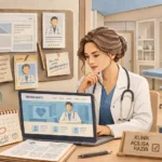 Yeni klinik açılışından önce web sitesi hazırlığını gösteren doktor ve klinik temalı paper-art illüstrasyon.