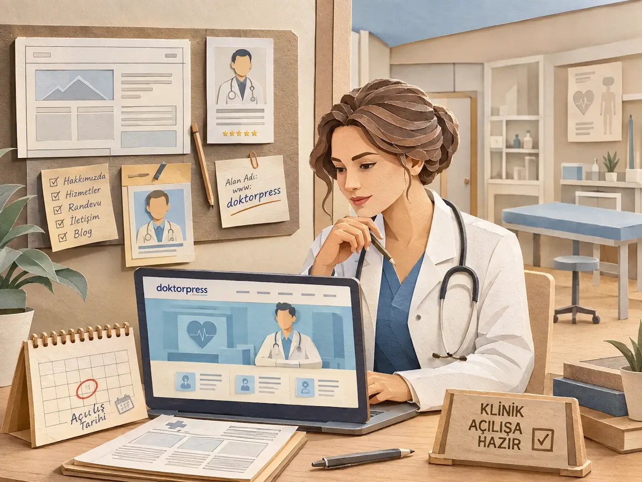 Yeni klinik açılışından önce web sitesi hazırlığını gösteren doktor ve klinik temalı paper-art illüstrasyon.